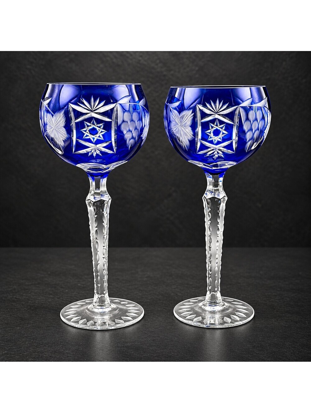 Set of 2 Vintage Cobalt Blue Cut to Clear Crystal Wine Goblets 8.5"